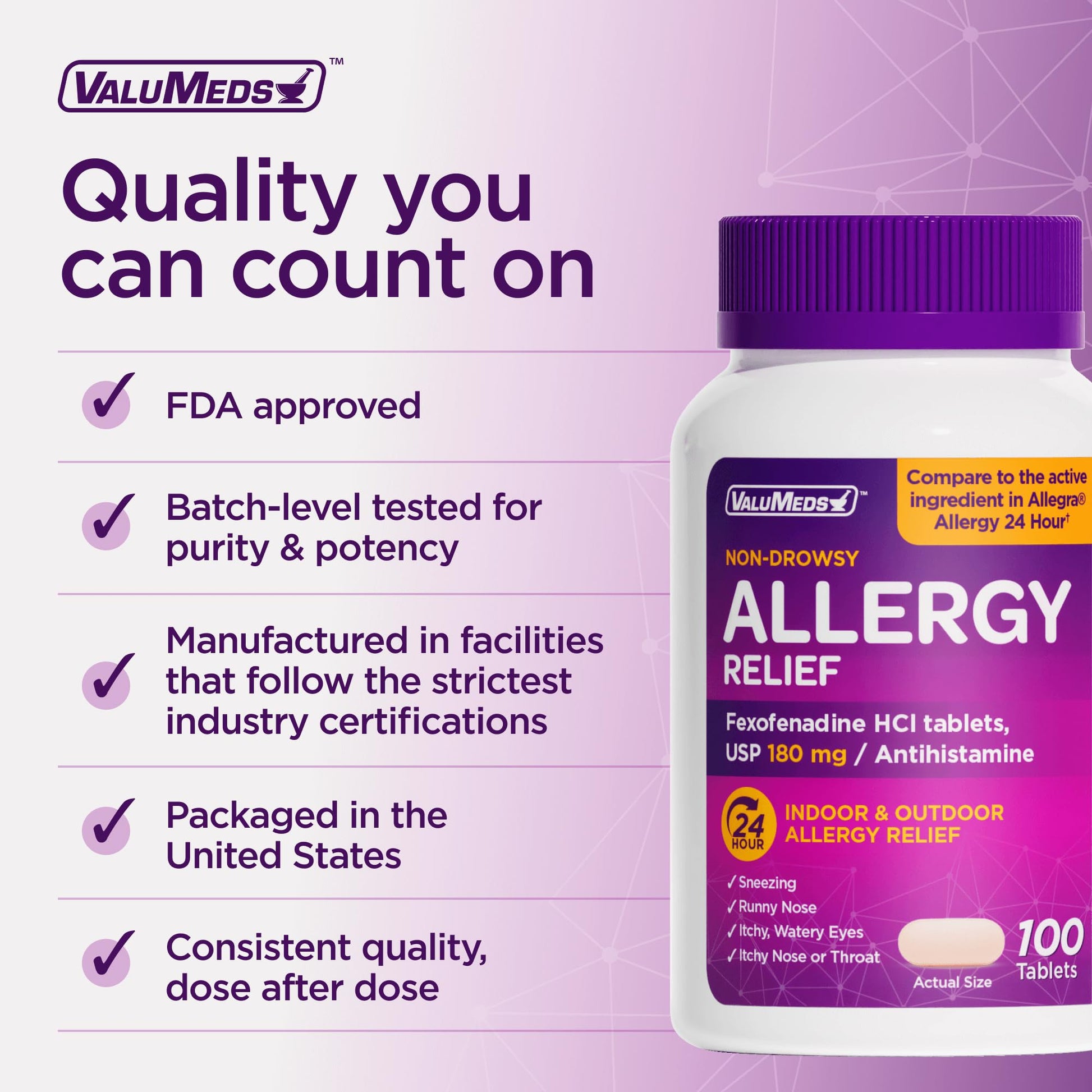 ValuMeds | Compare to Allegra | Fexofenadine HCl 180mg | 24-Hour Allergy Relief, Non-Drowsy Antihistamine Generic Medicine for Allergies, Hay Fever, Itchy Eyes | for Kids & Adults (100 Count) - dailyvitalstore