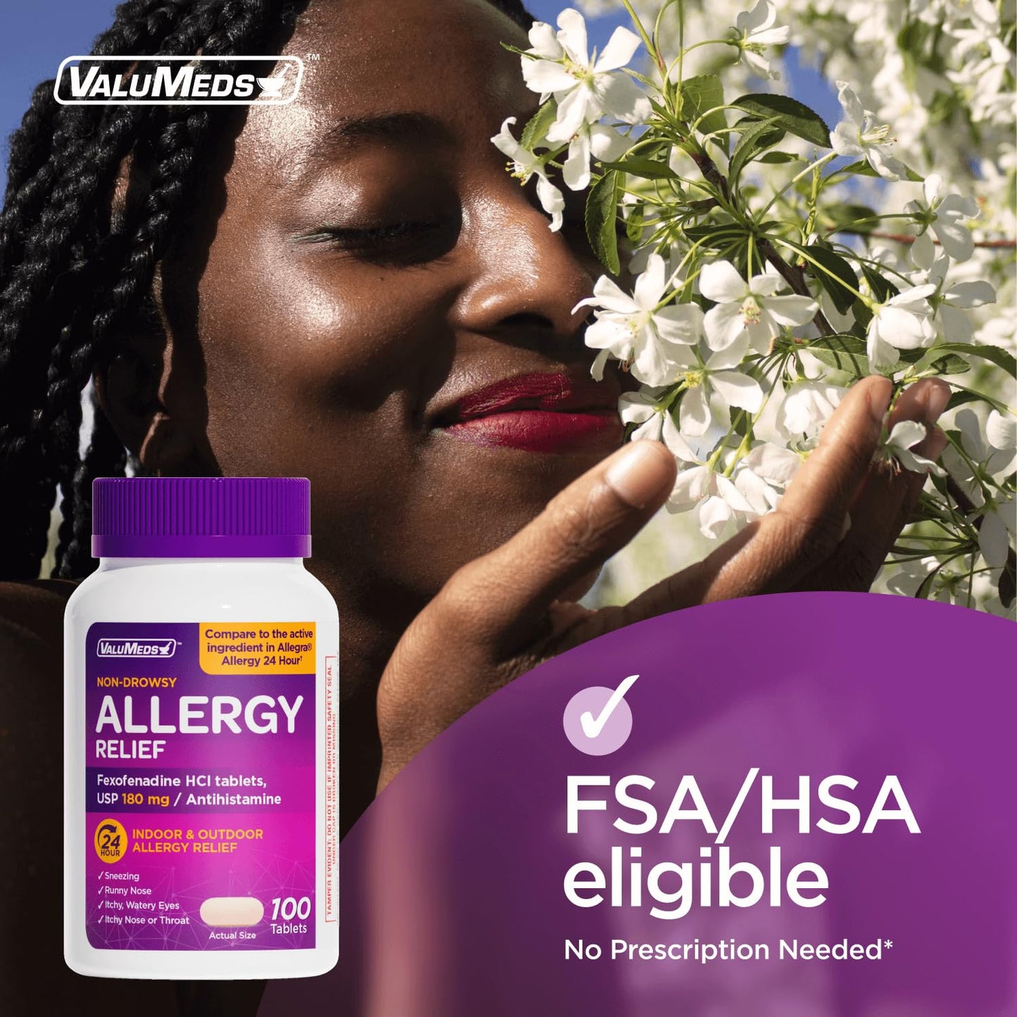 ValuMeds | Compare to Allegra | Fexofenadine HCl 180mg | 24-Hour Allergy Relief, Non-Drowsy Antihistamine Generic Medicine for Allergies, Hay Fever, Itchy Eyes | for Kids & Adults (100 Count) - dailyvitalstore