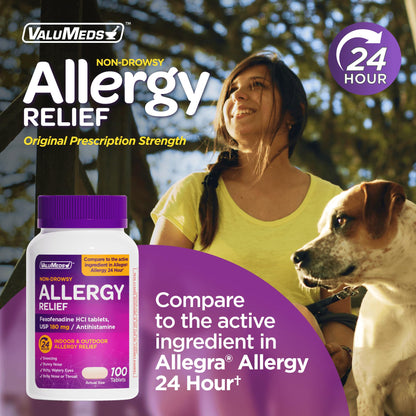 ValuMeds | Compare to Allegra | Fexofenadine HCl 180mg | 24-Hour Allergy Relief, Non-Drowsy Antihistamine Generic Medicine for Allergies, Hay Fever, Itchy Eyes | for Kids & Adults (100 Count) - dailyvitalstore