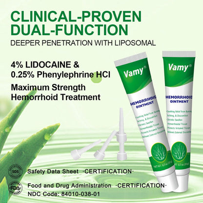 vamy Hemorrhoid Ointment (2 x 20g Tubes), 40g - Maximum Strength Formula for Hemorrhoidal Fast Relief, Soothes Itching, Burning & Discomfort - dailyvitalstore