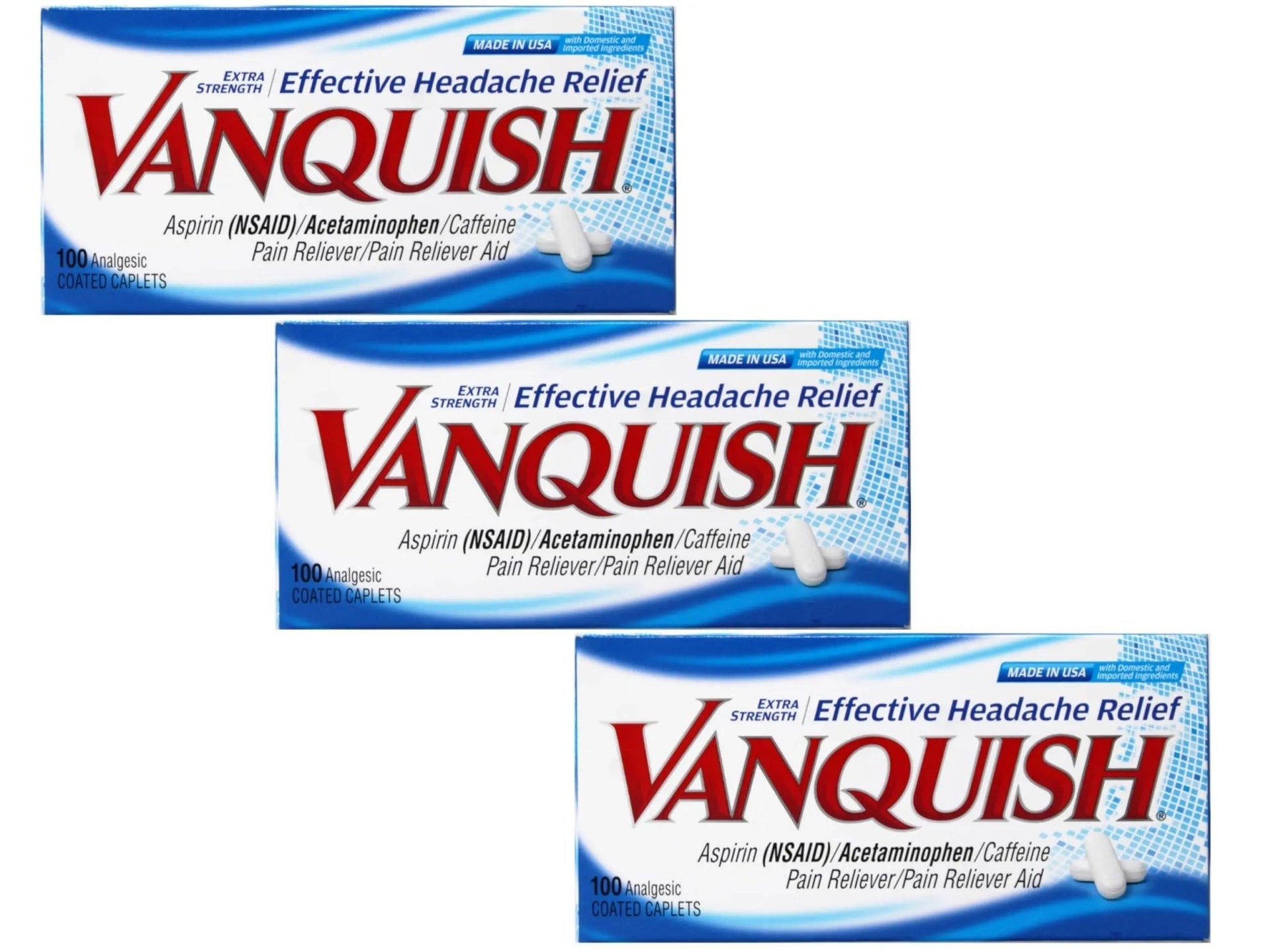 Vanquish Effective Headache Relief – Aspirin (NSAID), Acetaminophen, Caffeine, 100 Analgesic Coated Caplets - 3 Pack - dailyvitalstore