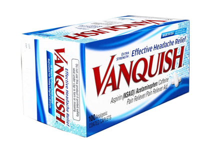 Vanquish Effective Headache Relief – Aspirin (NSAID), Acetaminophen, Caffeine, 100 Analgesic Coated Caplets - 3 Pack - dailyvitalstore
