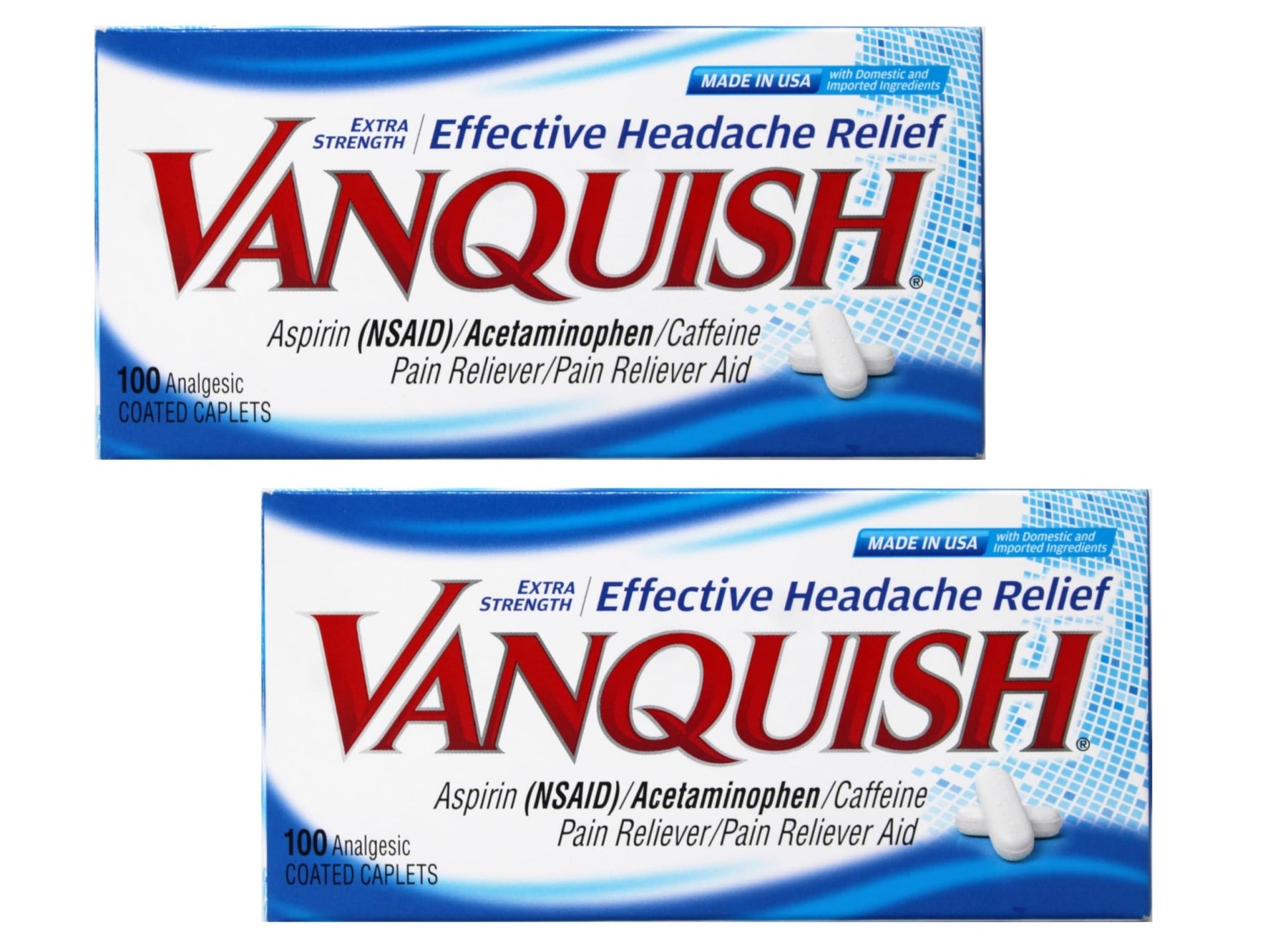 Vanquish Extra Strength Pain Reliever Headache Relief Aspirin Acetaminophen Caffeine 100 Coated Caplets (Pack of 2) - dailyvitalstore