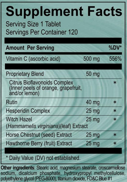 Vasoflex Vitamin C, Citrus Bioflavonoids Complex, Rutin, Hesperidin Complex, Witch Hazel Extract, Horse Chestnut Extract, Hawthorne Berry Extract Leg Vein Supplement Tablets, 120ct - dailyvitalstore