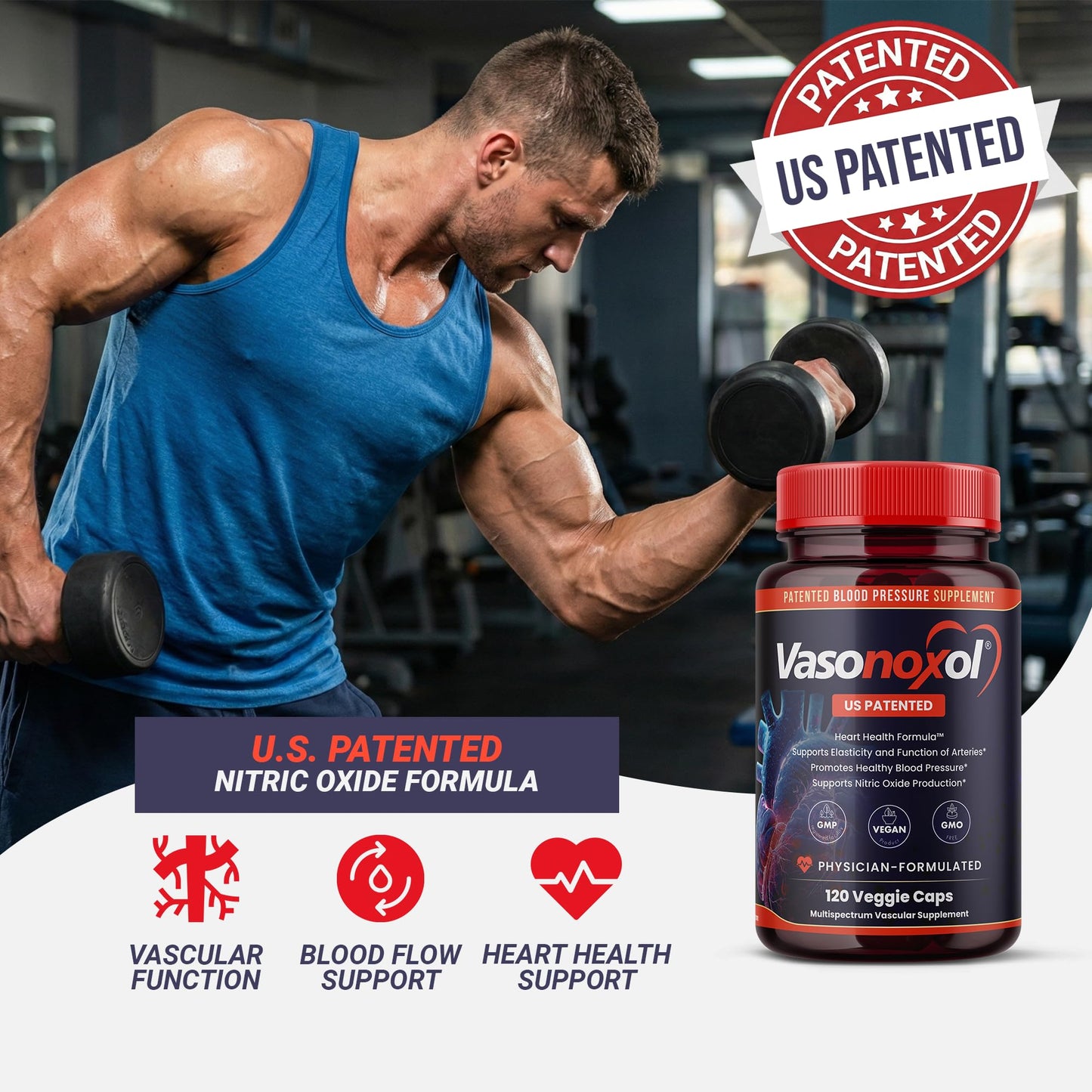 Vasonoxol U.S. Patented Nitric Oxide Supplement for Blood Pressure Support 2880mg - Physician Formulated Vascular Health Formula with L-Arginine & L-Citrulline - Vegan, Non-GMO (120 Capsules) - dailyvitalstore