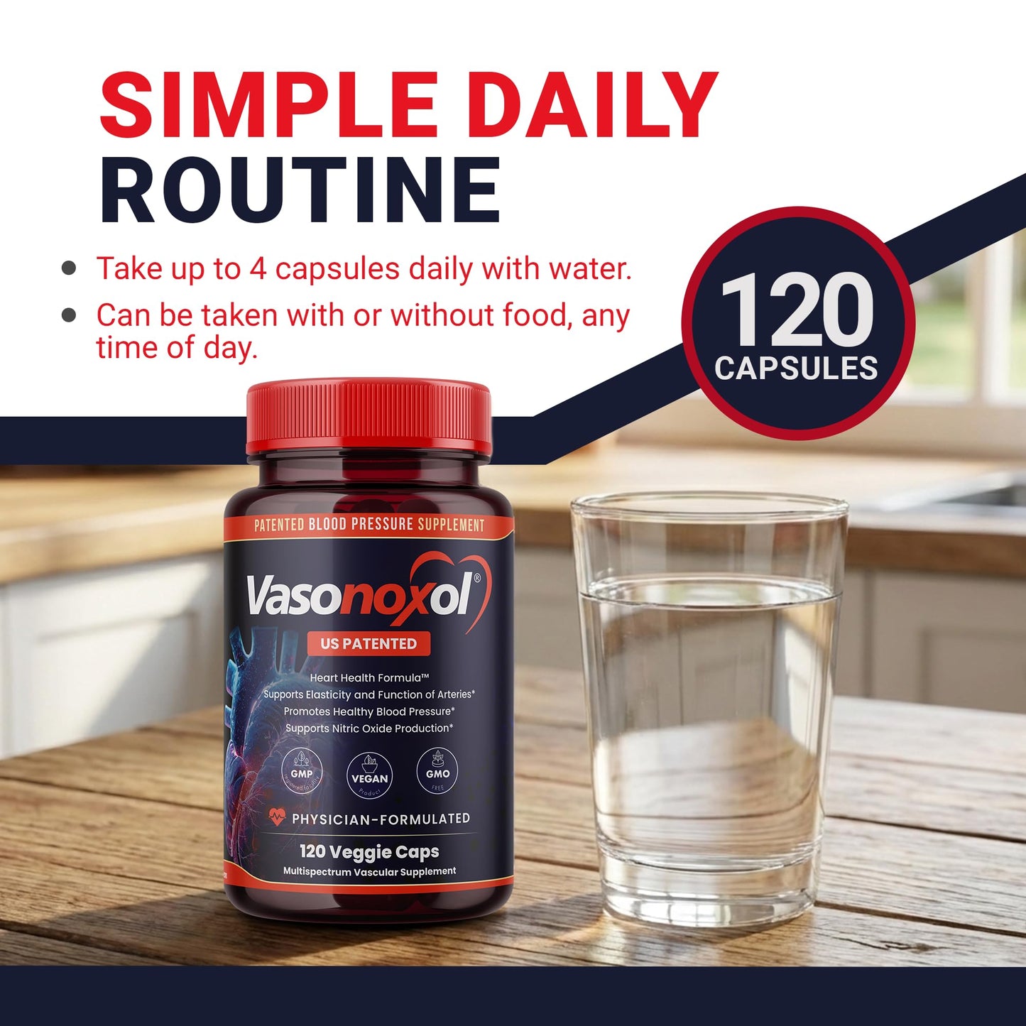 Vasonoxol U.S. Patented Nitric Oxide Supplement for Blood Pressure Support 2880mg - Physician Formulated Vascular Health Formula with L-Arginine & L-Citrulline - Vegan, Non-GMO (120 Capsules) - dailyvitalstore
