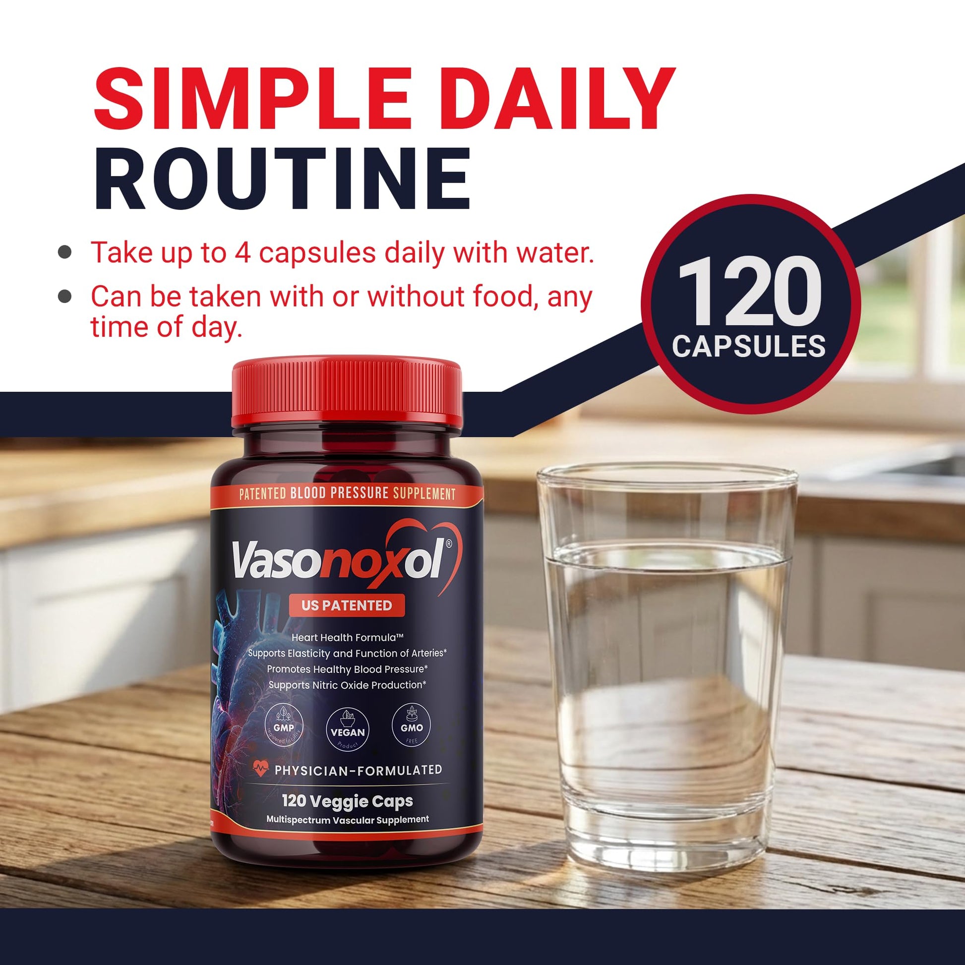 Vasonoxol U.S. Patented Nitric Oxide Supplement for Blood Pressure Support 2880mg - Physician Formulated Vascular Health Formula with L-Arginine & L-Citrulline - Vegan, Non-GMO (120 Capsules) - dailyvitalstore