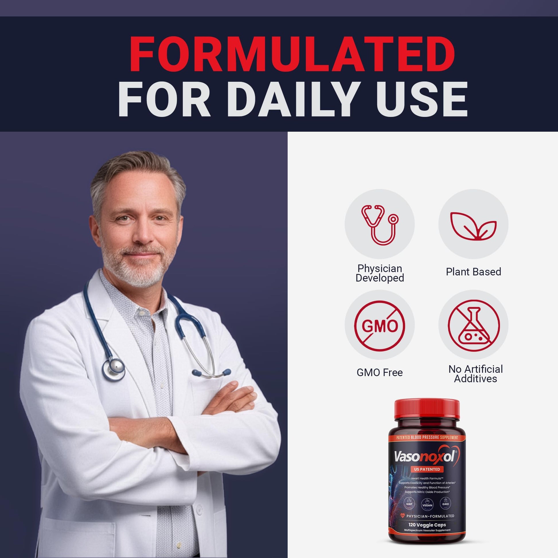 Vasonoxol U.S. Patented Nitric Oxide Supplement for Blood Pressure Support 2880mg - Physician Formulated Vascular Health Formula with L-Arginine & L-Citrulline - Vegan, Non-GMO (120 Capsules) - dailyvitalstore