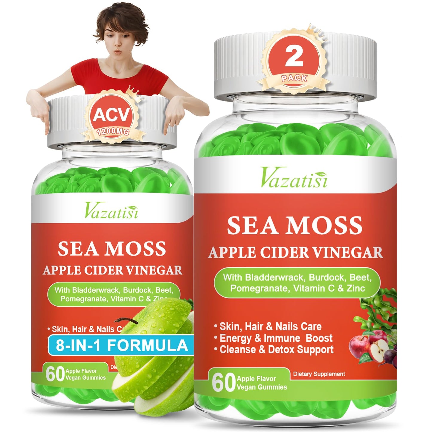 Vazatisi 2 Pack Apple Cider Vinegar Gummies, ACV with Sea Moss Gummies for Metabolism, Digestion, Detox, Gut & Immune Health, Apple Flavored -120 Count - dailyvitalstore