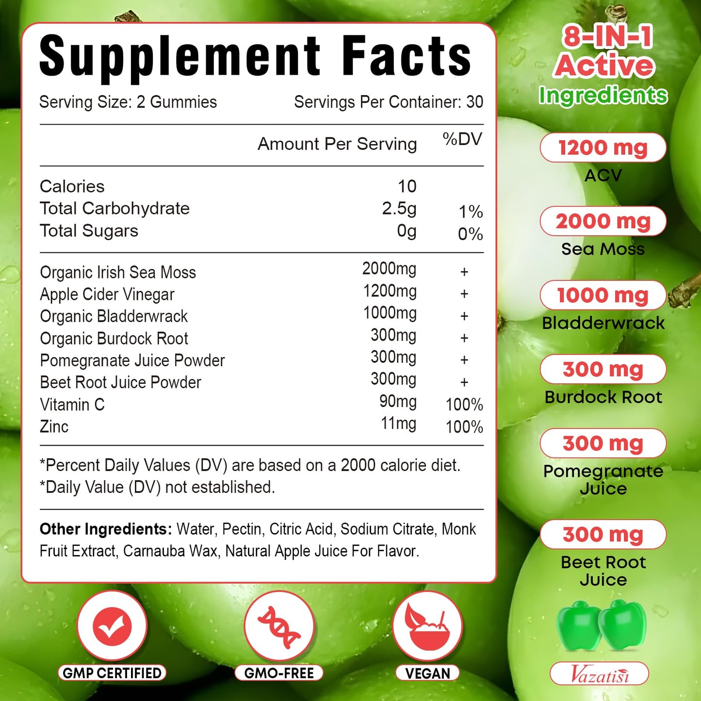 Vazatisi 2 Pack Apple Cider Vinegar Gummies, ACV with Sea Moss Gummies for Metabolism, Digestion, Detox, Gut & Immune Health, Apple Flavored -120 Count - dailyvitalstore
