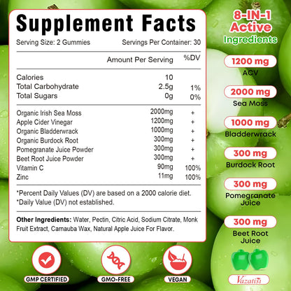 Vazatisi 2 Pack Apple Cider Vinegar Gummies, ACV with Sea Moss Gummies for Metabolism, Digestion, Detox, Gut & Immune Health, Apple Flavored -120 Count - dailyvitalstore