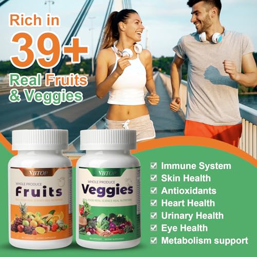 VBTOP Fruit & Vegetable Supplement - Natural Ingredients - 2 Bottles - 180 Capsules Total | A Blend of 20+19 Natural Whole Fruits & Vegetables, a Fresh superfood Formula Rich in Vitamins and Minerals - dailyvitalstore