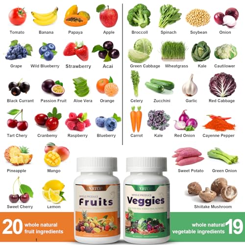 VBTOP Fruit & Vegetable Supplement - Natural Ingredients - 2 Bottles - 180 Capsules Total | A Blend of 20+19 Natural Whole Fruits & Vegetables, a Fresh superfood Formula Rich in Vitamins and Minerals - dailyvitalstore