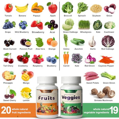 VBTOP Fruit & Vegetable Supplement - Natural Ingredients - 2 Bottles - 180 Capsules Total | A Blend of 20+19 Natural Whole Fruits & Vegetables, a Fresh superfood Formula Rich in Vitamins and Minerals - dailyvitalstore