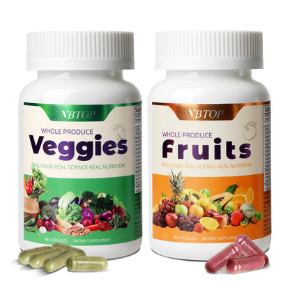 VBTOP Fruit & Vegetable Supplement - Natural Ingredients - 2 Bottles - 180 Capsules Total | A Blend of 20+19 Natural Whole Fruits & Vegetables, a Fresh superfood Formula Rich in Vitamins and Minerals - dailyvitalstore