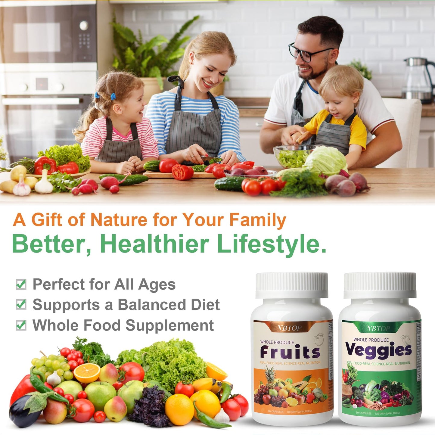 VBTOP Fruit & Vegetable Supplement - Natural Ingredients - 2 Bottles - 180 Capsules Total | A Blend of 20+19 Natural Whole Fruits & Vegetables, a Fresh superfood Formula Rich in Vitamins and Minerals - dailyvitalstore