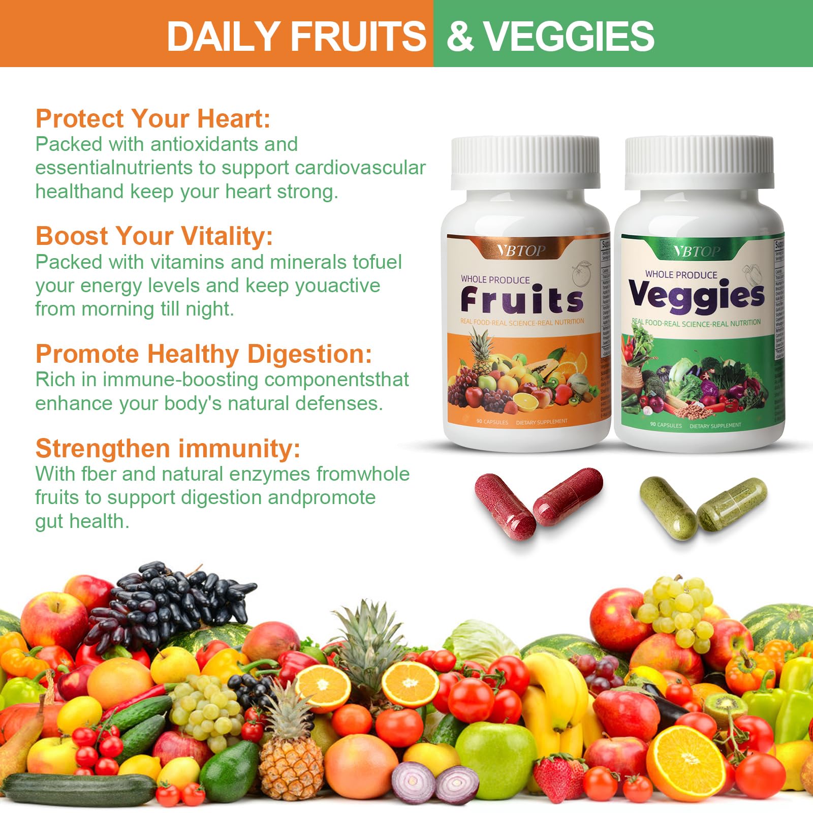 VBTOP Fruit & Vegetable Supplement - Natural Ingredients - 2 Bottles - 180 Capsules Total | A Blend of 20+19 Natural Whole Fruits & Vegetables, a Fresh superfood Formula Rich in Vitamins and Minerals - dailyvitalstore
