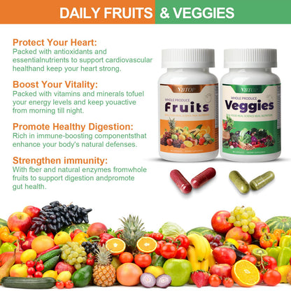 VBTOP Fruit & Vegetable Supplement - Natural Ingredients - 2 Bottles - 180 Capsules Total | A Blend of 20+19 Natural Whole Fruits & Vegetables, a Fresh superfood Formula Rich in Vitamins and Minerals - dailyvitalstore