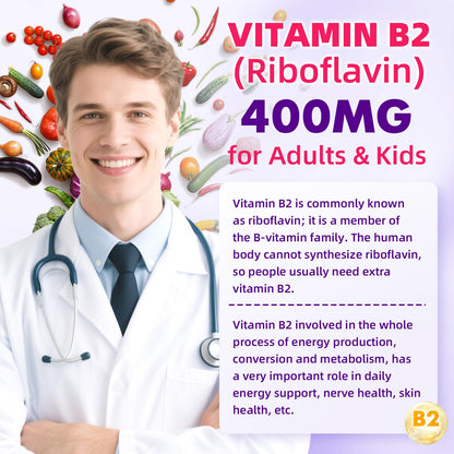 VCCHUYH Vitamin B2 Gummies for Kids & Adults, VIT B2 Riboflavin 400mg Supplement with Magnesium for Migraine Relief & Nervous System Support, Non-GMO, - dailyvitalstore
