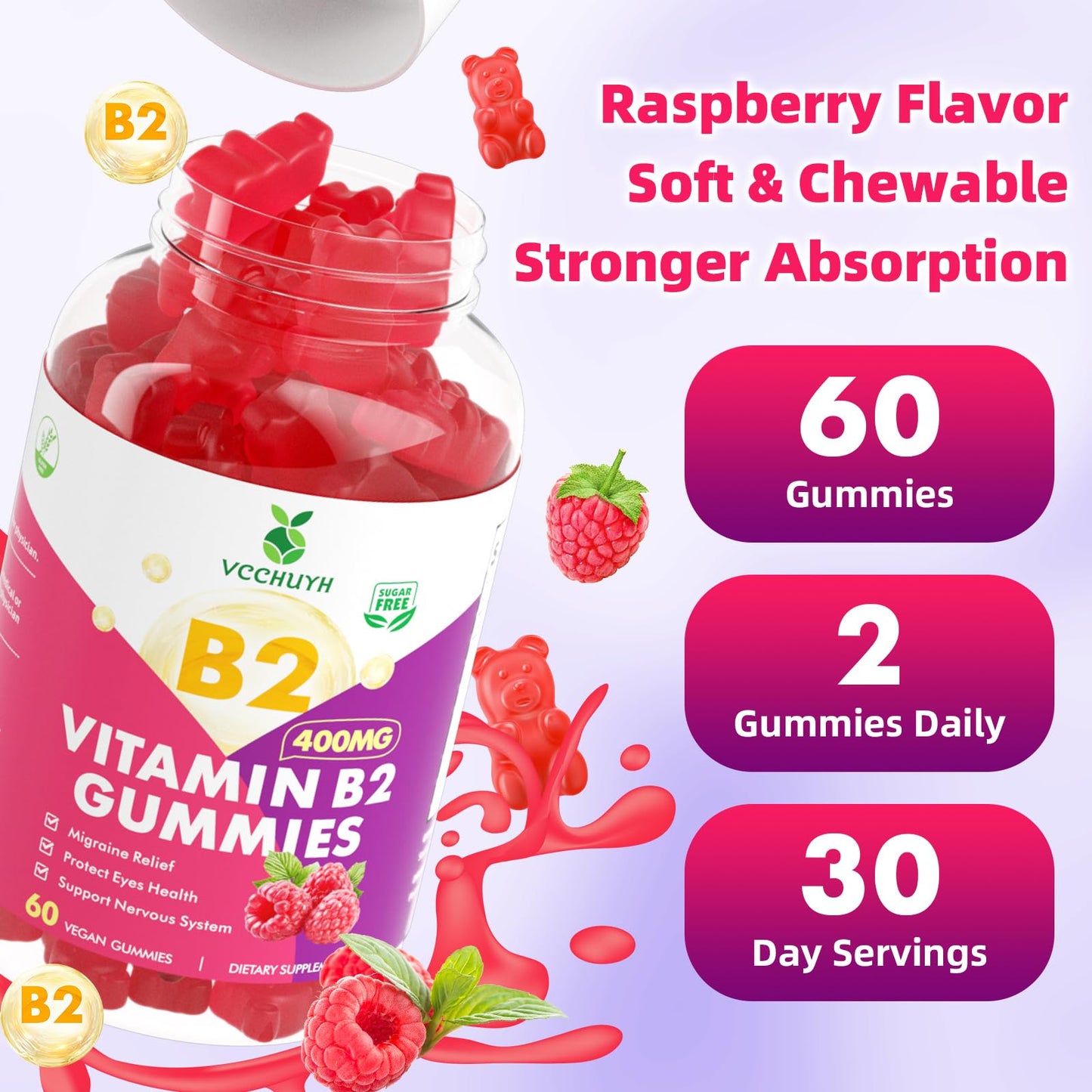 VCCHUYH Vitamin B2 Gummies for Kids & Adults, VIT B2 Riboflavin 400mg Supplement with Magnesium for Migraine Relief & Nervous System Support, Non-GMO - dailyvitalstore