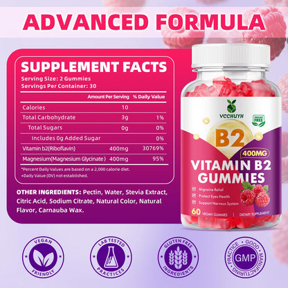 VCCHUYH Vitamin B2 Gummies for Kids & Adults, VIT B2 Riboflavin 400mg Supplement with Magnesium for Migraine Relief & Nervous System Support, Non-GMO - dailyvitalstore