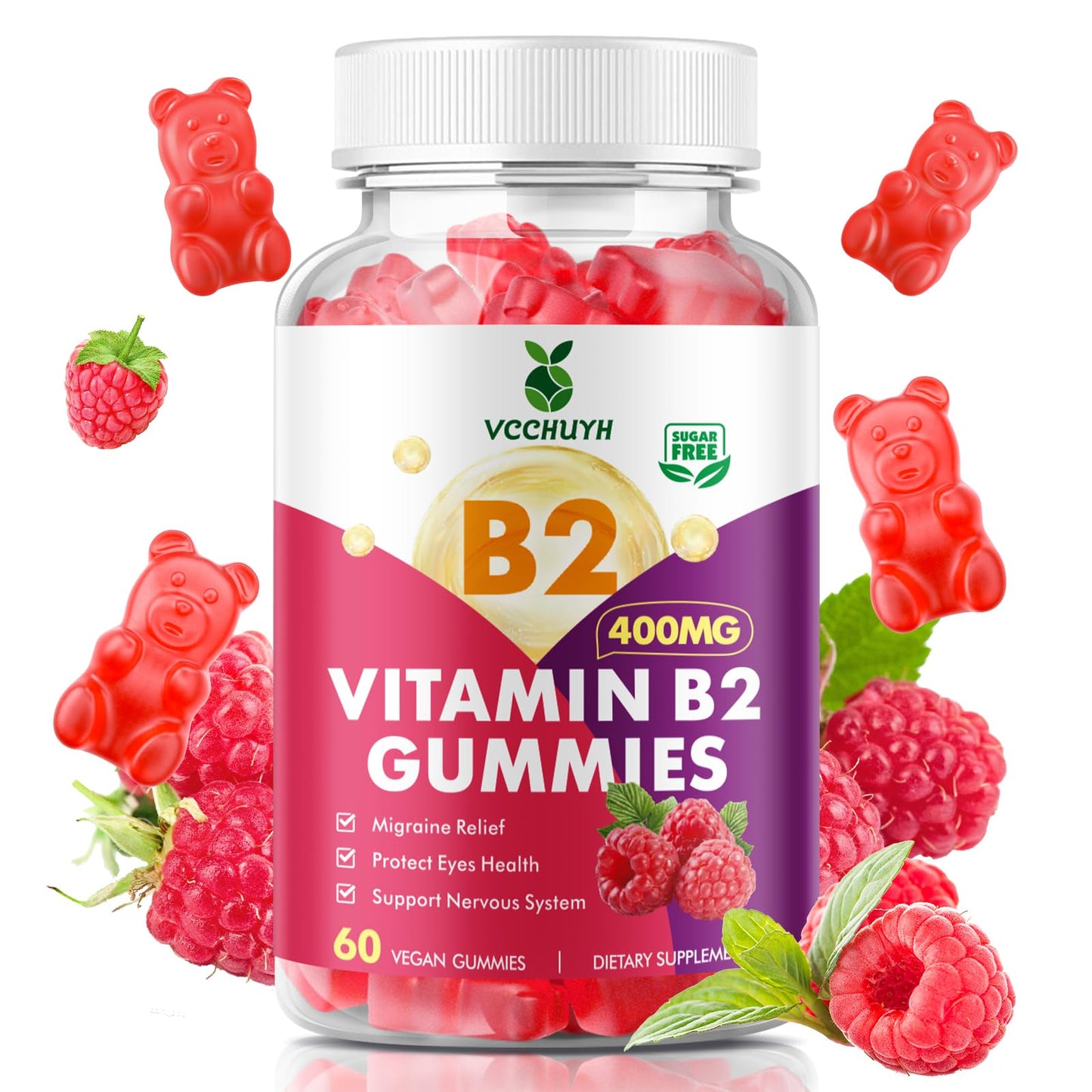 VCCHUYH Vitamin B2 Gummies for Kids & Adults, VIT B2 Riboflavin 400mg Supplement with Magnesium for Migraine Relief & Nervous System Support, Non-GMO, - dailyvitalstore