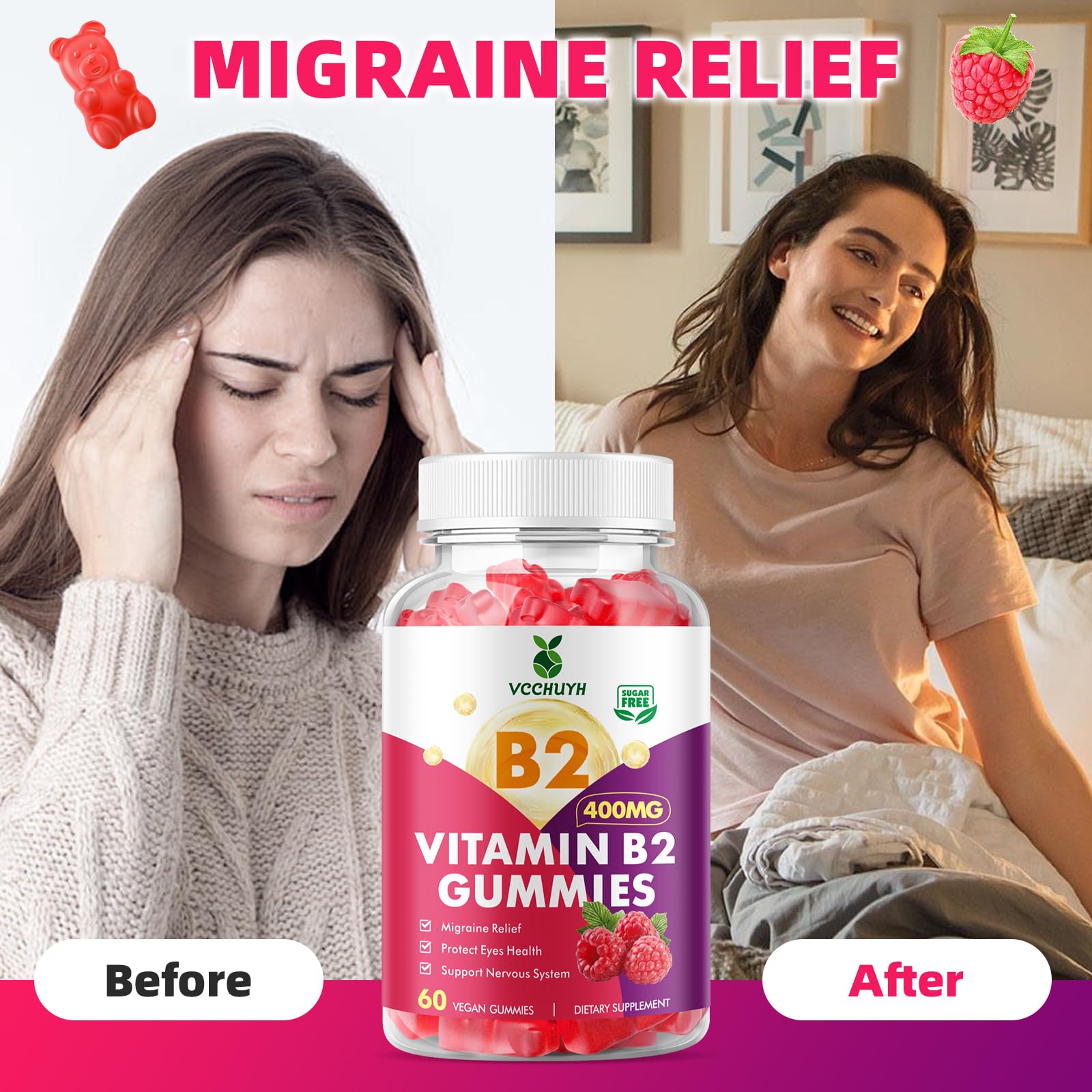VCCHUYH Vitamin B2 Gummies for Kids & Adults, VIT B2 Riboflavin 400mg Supplement with Magnesium for Migraine Relief & Nervous System Support, Non-GMO - dailyvitalstore