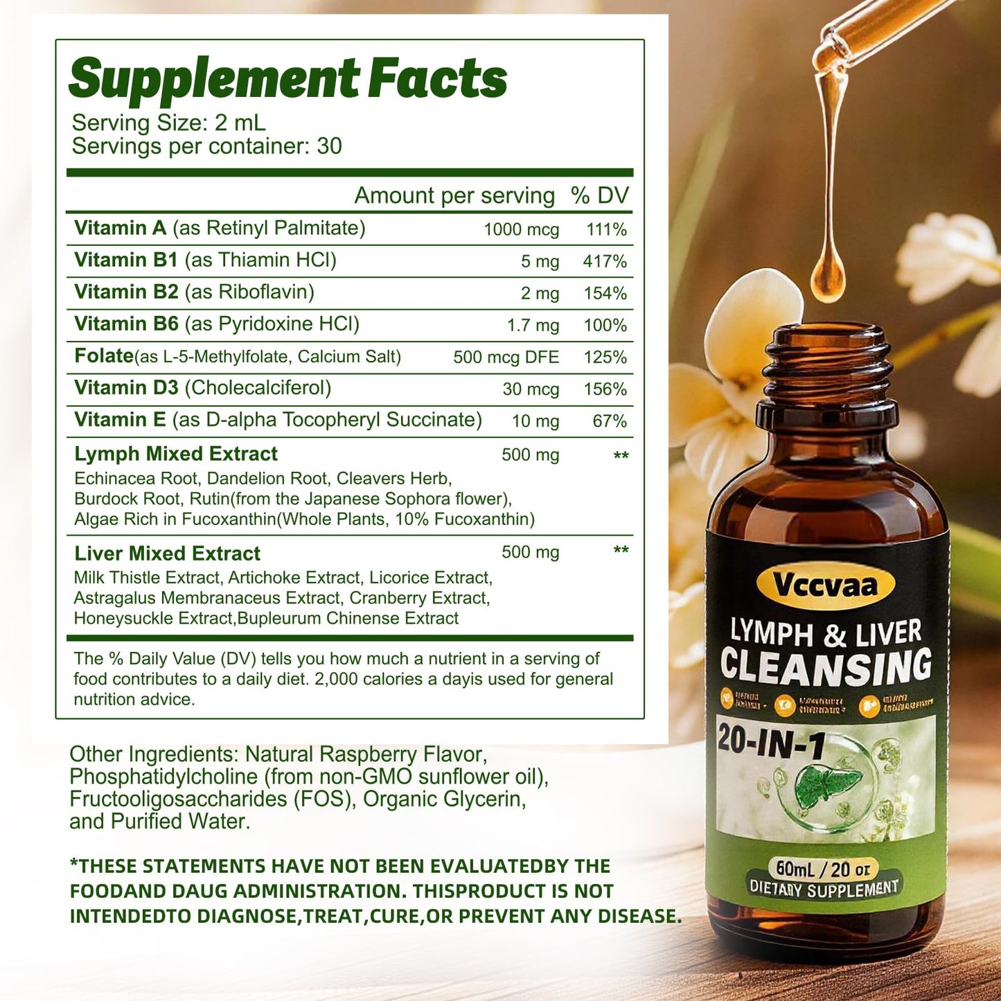 Vccvaa Lymph & Liver Cleanse - 20-in-1 Lymphatic Drainage & Liver Detox Supplement with Milk Thistle, Echinacea, Fucoxanthin - 60mL Liquid Formula for Immune & Digestive Support - dailyvitalstore