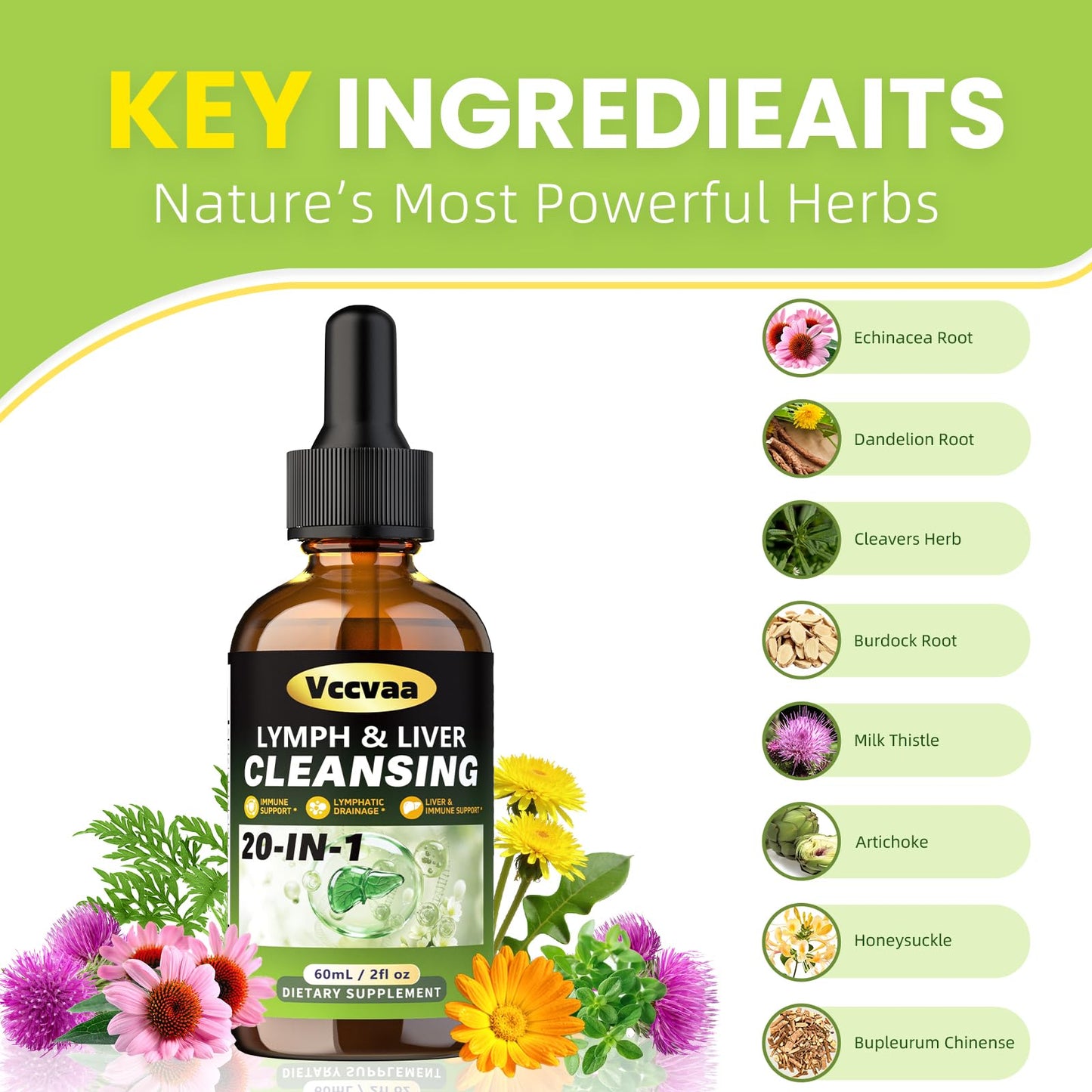 Vccvaa Lymph & Liver Cleanse - 20-in-1 Lymphatic Drainage & Liver Detox Supplement with Milk Thistle, Echinacea, Fucoxanthin - 60mL Liquid Formula for Immune & Digestive Support - dailyvitalstore