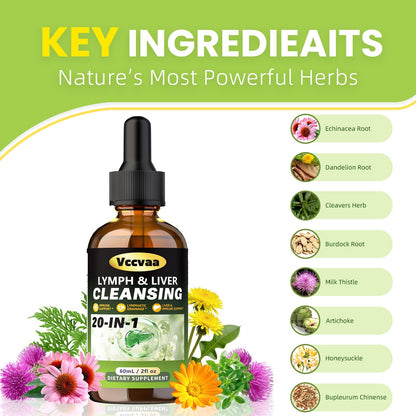 Vccvaa Lymph & Liver Cleanse - 20-in-1 Lymphatic Drainage & Liver Detox Supplement with Milk Thistle, Echinacea, Fucoxanthin - 60mL Liquid Formula for Immune & Digestive Support - dailyvitalstore