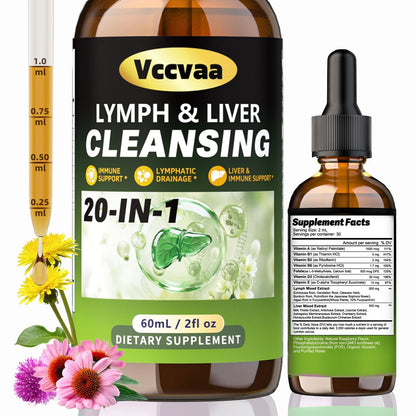 Vccvaa Lymph & Liver Cleanse - 20-in-1 Lymphatic Drainage & Liver Detox Supplement with Milk Thistle, Echinacea, Fucoxanthin - 60mL Liquid Formula for Immune & Digestive Support - dailyvitalstore