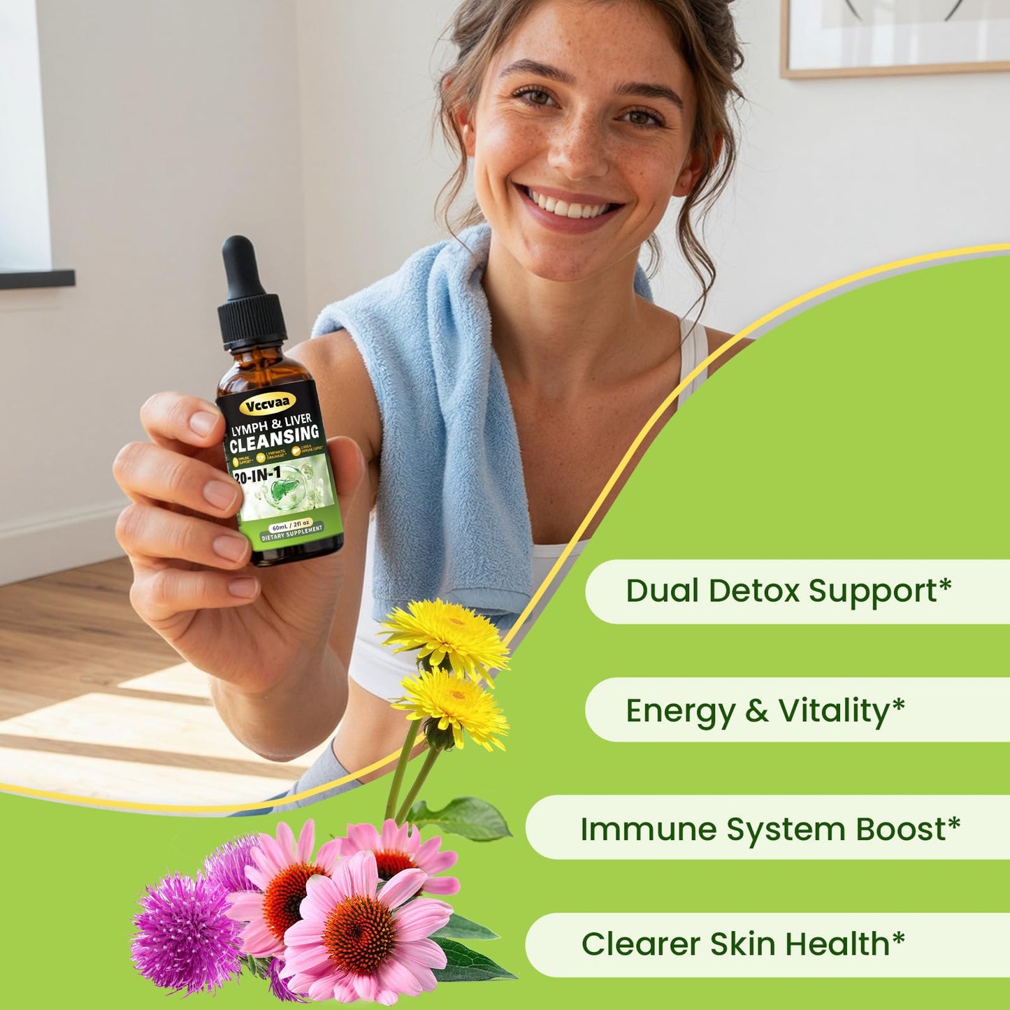 Vccvaa Lymph & Liver Cleanse - 20-in-1 Lymphatic Drainage & Liver Detox Supplement with Milk Thistle, Echinacea, Fucoxanthin - 60mL Liquid Formula for Immune & Digestive Support - dailyvitalstore