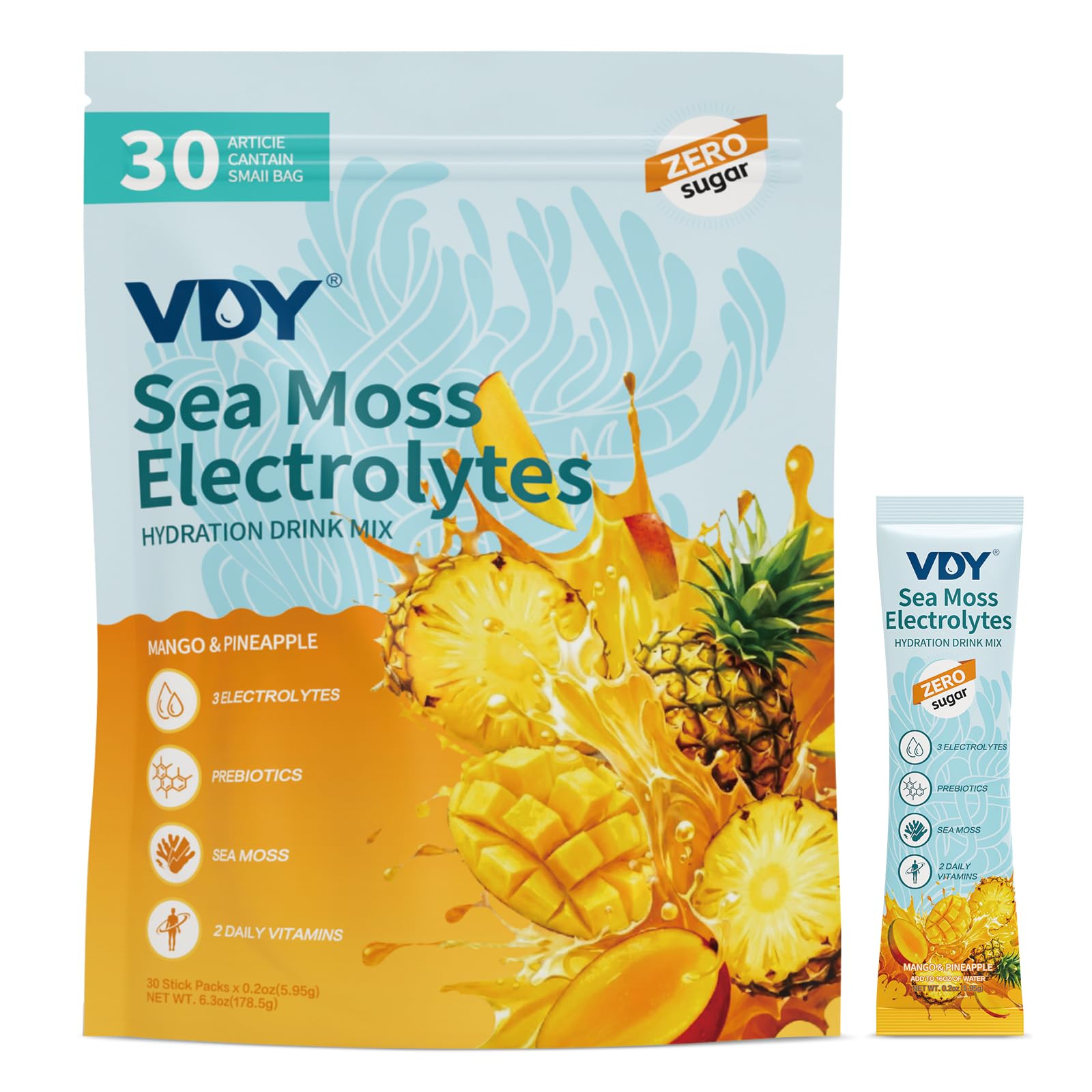 VDY Sea Moss Electrolytes Powder Packets - Hydration Packets Sugar Free - Electrolyte Packets with 30 Sticks - Zero Sugar & 0 Calorie - Keto Friendly - dailyvitalstore