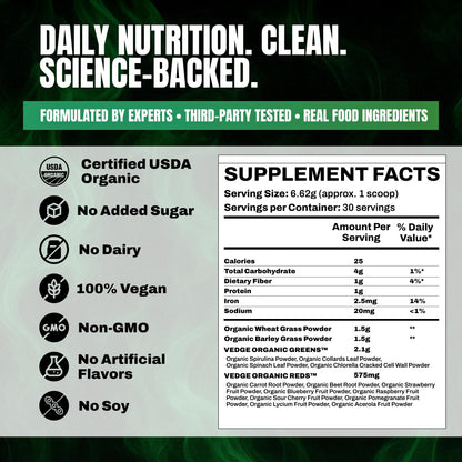 VEDGE Nutrition Organic Greens - Vegan Plant-Based Greens Superfood Powder - Drink Mix for Energy, Antioxidants & Recovery - Full Spectrum Greens for Athletes - 30 Servings - Mixed Berry Flavor - dailyvitalstore