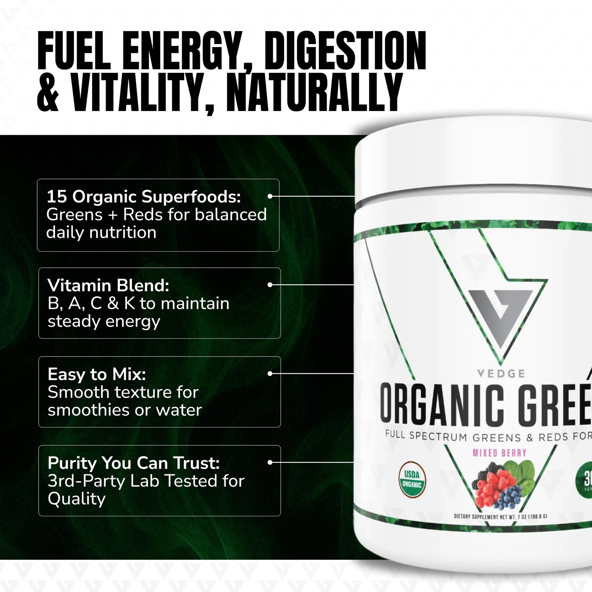 VEDGE Nutrition Organic Greens - Vegan Plant-Based Greens Superfood Powder - Drink Mix for Energy, Antioxidants & Recovery - Full Spectrum Greens for Athletes - 30 Servings - Mixed Berry Flavor - dailyvitalstore