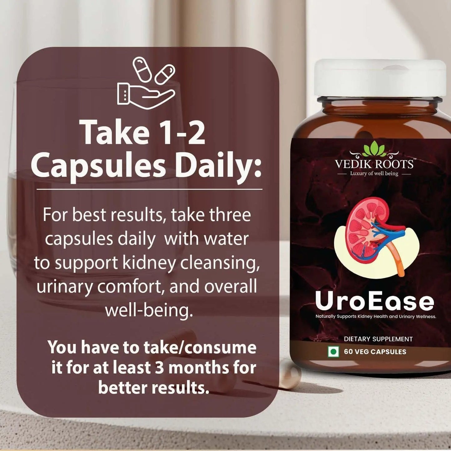 VEDIKROOTS UroEase | Ayurvedic Herbal Supplement for Kidney Health & Uric Acid Levels | Supports Urinary Tract Health | 60 Veg Capsules - dailyvitalstore