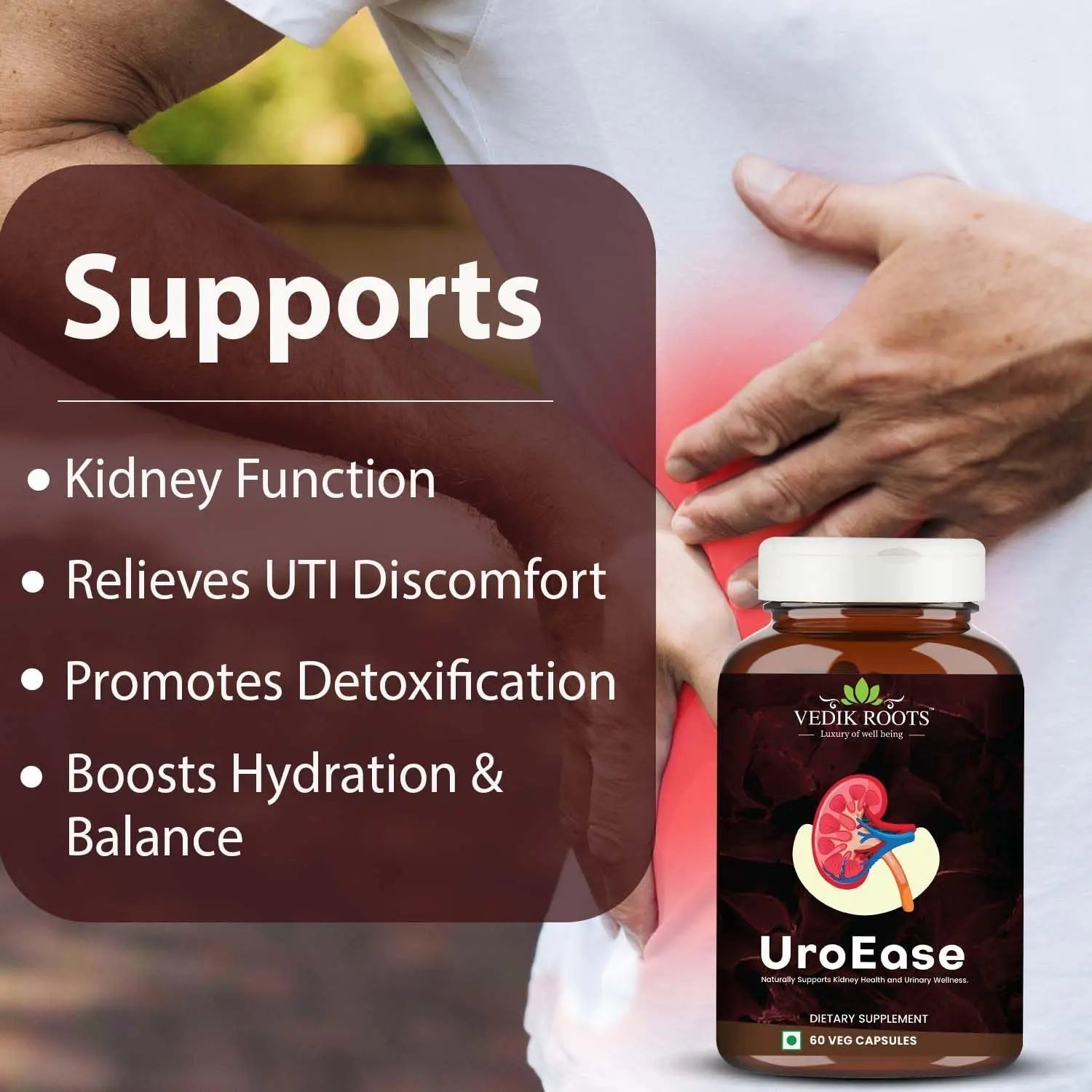 VEDIKROOTS UroEase | Ayurvedic Herbal Supplement for Kidney Health & Uric Acid Levels | Supports Urinary Tract Health | 60 Veg Capsules - dailyvitalstore