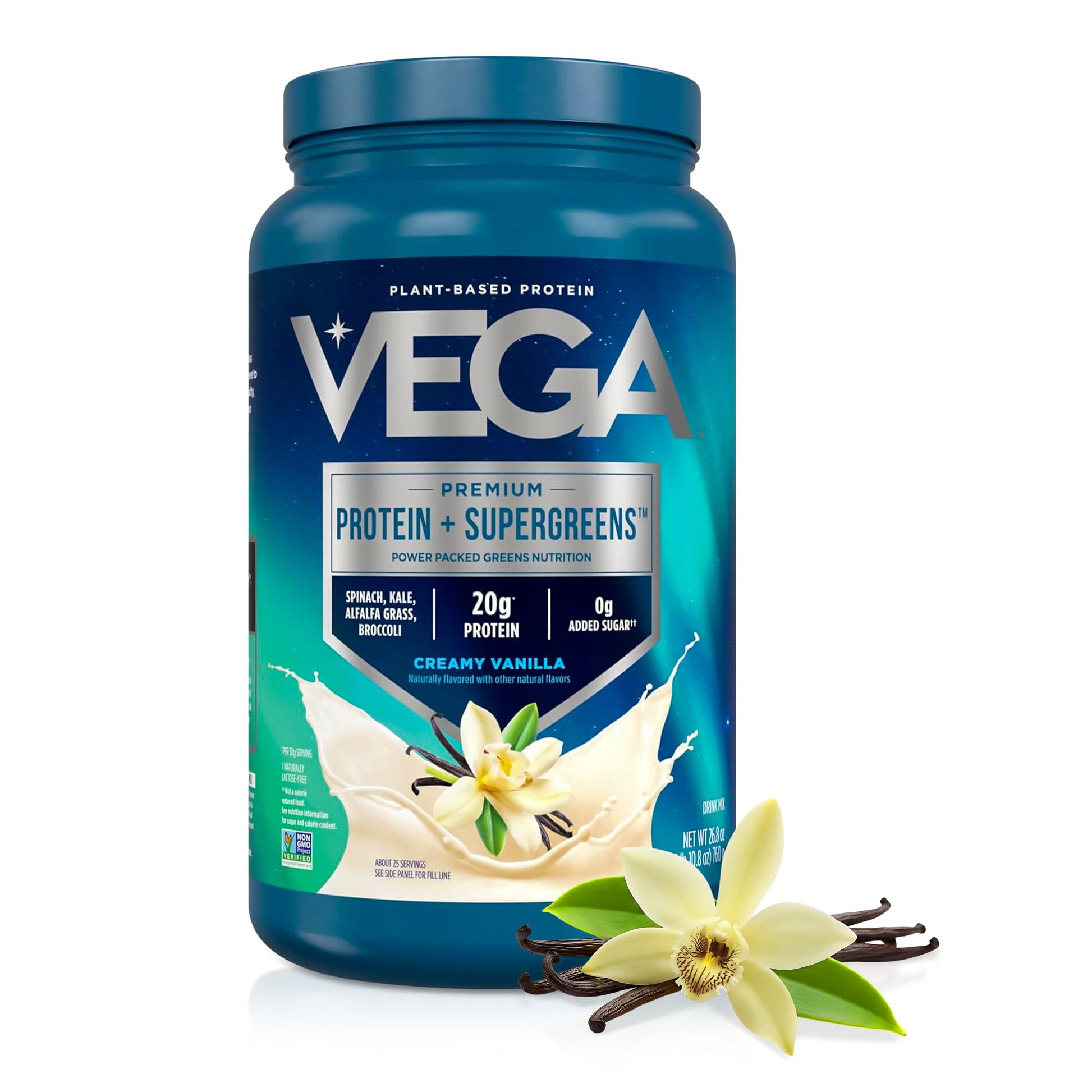 Vega Premium Protein + Supergreens, Creamy Vanilla – 20g Vegan Protein, Dairy & Gluten Free, 26.9 oz (25 Servings) - dailyvitalstore