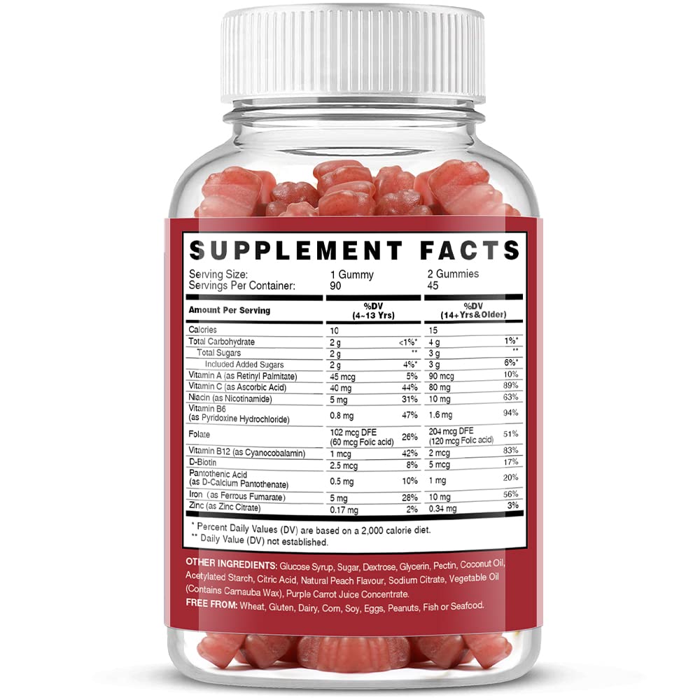 Vegan Iron Gummies Supplement - with Vitamin C, A, B-Complex, Folate, Zinc for Adults & Kids - Health Blood & Energy Support for Iron Deficiency, - dailyvitalstore