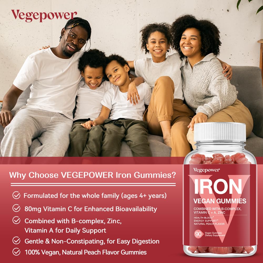 Vegan Iron Gummies Supplement - with Vitamin C, A, B-Complex, Folate, Zinc for Adults & Kids - Health Blood & Energy Support for Iron Deficiency, - dailyvitalstore