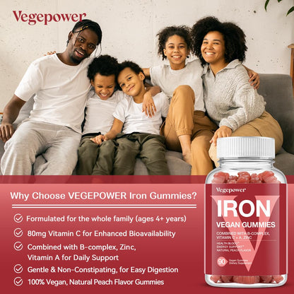Vegan Iron Gummies Supplement - with Vitamin C, A, B-Complex, Folate, Zinc for Adults & Kids - Health Blood & Energy Support for Iron Deficiency, - dailyvitalstore