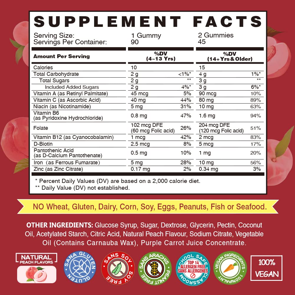 Vegan Iron Gummies Supplement - with Vitamin C, A, B-Complex, Folate, Zinc for Adults & Kids - Health Blood & Energy Support for Iron Deficiency, - dailyvitalstore