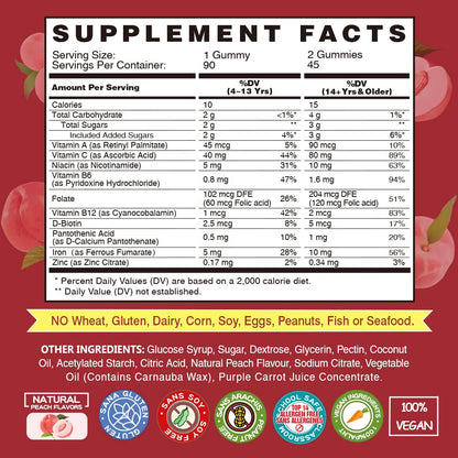 Vegan Iron Gummies Supplement - with Vitamin C, A, B-Complex, Folate, Zinc for Adults & Kids - Health Blood & Energy Support for Iron Deficiency, - dailyvitalstore