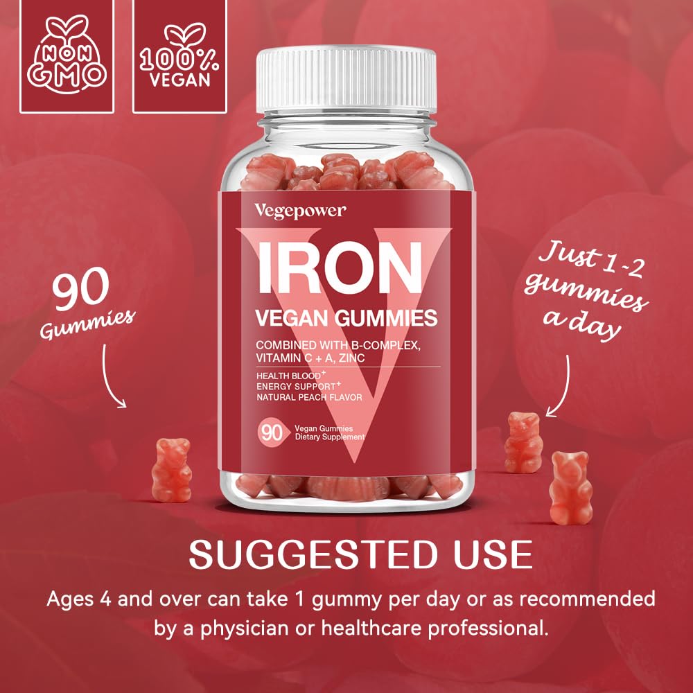 Vegan Iron Gummies Supplement - with Vitamin C, A, B-Complex, Folate, Zinc for Adults & Kids - Health Blood & Energy Support for Iron Deficiency, - dailyvitalstore