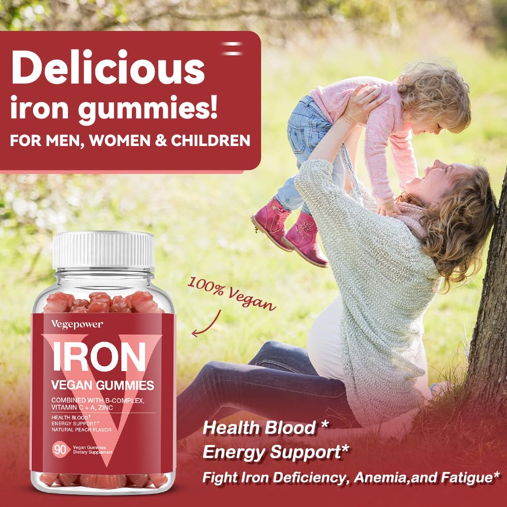 Vegan Iron Gummies Supplement - with Vitamin C, A, B-Complex, Folate, Zinc for Adults & Kids - Health Blood & Energy Support for Iron Deficiency, - dailyvitalstore