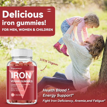 Vegan Iron Gummies Supplement - with Vitamin C, A, B-Complex, Folate, Zinc for Adults & Kids - Health Blood & Energy Support for Iron Deficiency, - dailyvitalstore
