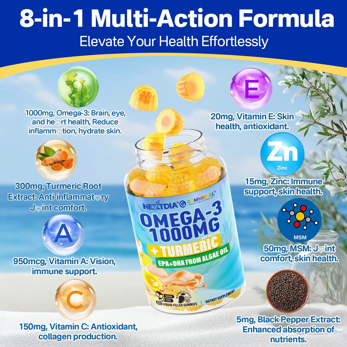 Vegan Omega-3 Gummies 1000mg + Turmeric - Omega 3 Fish Oil Alternative for Adults - Algae DHA 600mg & EPA 300mg - dailyvitalstore