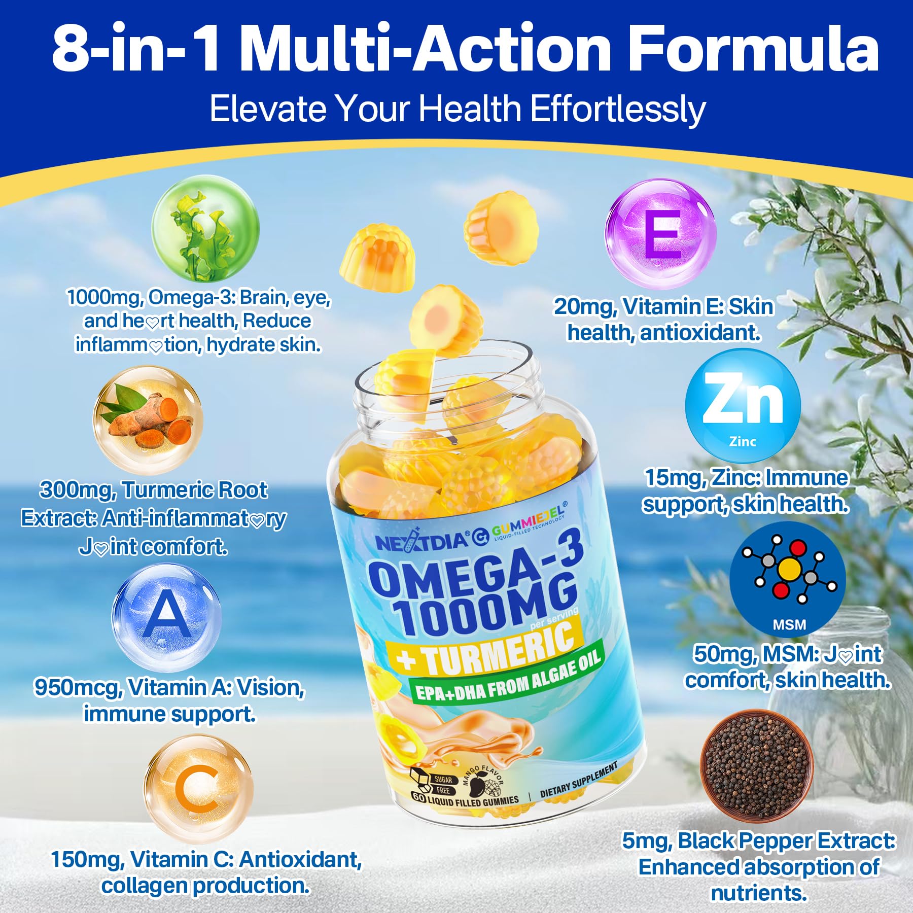 Vegan Omega-3 Gummies 1000mg + Turmeric - Omega 3 Fish Oil Alternative for Adults - Algae DHA 600mg & EPA 300mg - dailyvitalstore