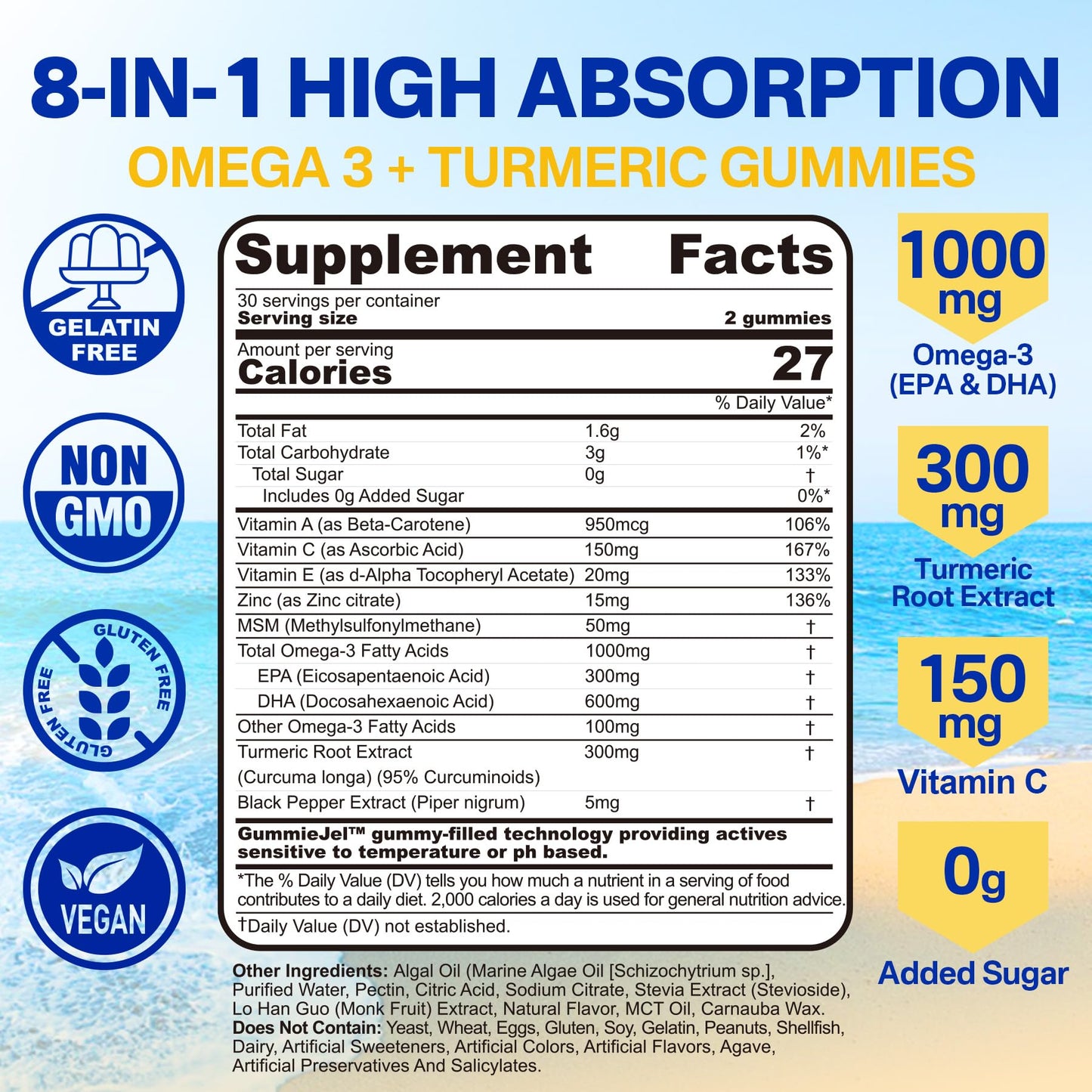 Vegan Omega-3 Gummies 1000mg + Turmeric - Omega 3 Fish Oil Alternative for Adults - Algae DHA 600mg & EPA 300mg - dailyvitalstore