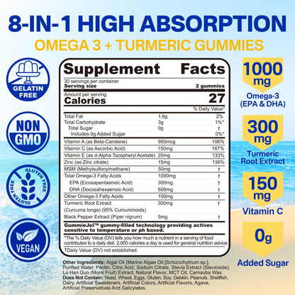 Vegan Omega-3 Gummies 1000mg + Turmeric - Omega 3 Fish Oil Alternative for Adults - Algae DHA 600mg & EPA 300mg - dailyvitalstore